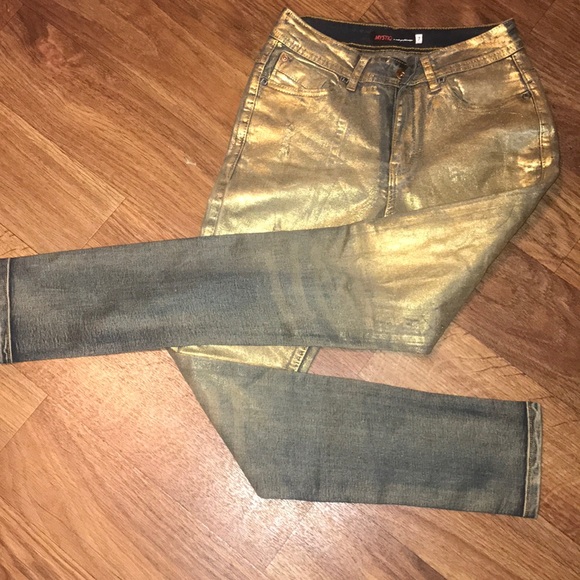 Gold metallic denim jeans holiday festival pants - Picture 1 of 7